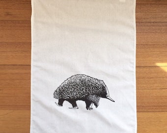 Hand printed echidna tea towel