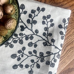Hand printed ‘fagus’ (Nothofagus gunnii) 100% linen tea towel Black on natural