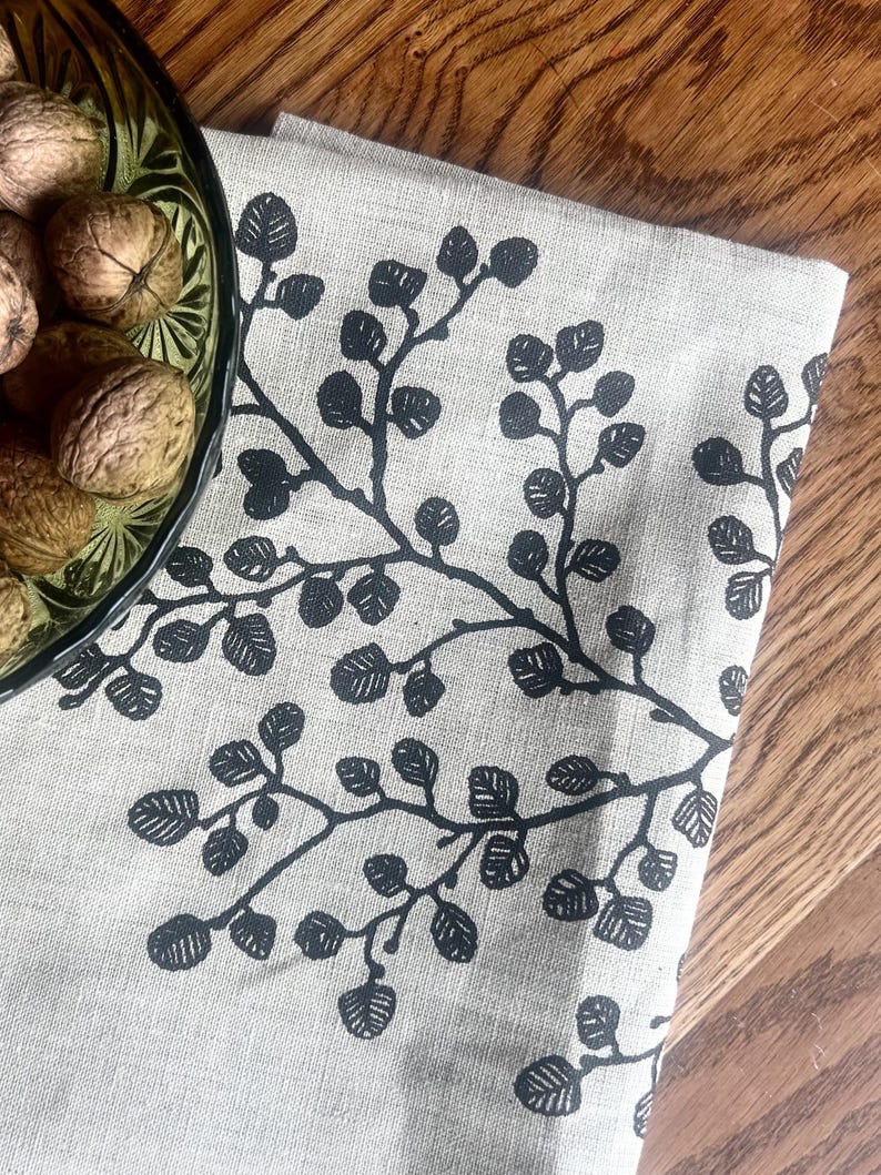 Hand printed ‘fagus’ (Nothofagus gunnii) 100% linen tea towel Black on natural