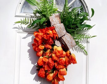 Handmade Fake Flowers Easter Carrot Orange Tulip Door Swag for front door, mothers day gift for mom