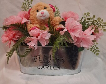 Handmade Fake Flowers Teddy Bear Pink Carnation Centerpiece arrangement for table, mothers day gift for mom