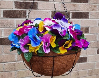 Realistic Artificial Silk Hanging Flower Basket for Indoor or Outdoor, Preassembled Summer Floral Porch Decor, Mother's Day Gift for Mom