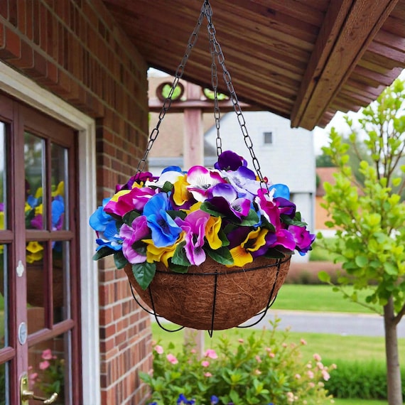 hanging planter fake plant, faux pansies, fake hanging plant indoor, hanging flowers, spring porch decor, silk flower hanging basket 
