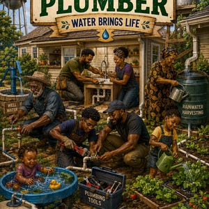 Könnte beinhalten: Ein Plakat mit dem Titel Book 24 Master Plumber Water Brings Life, das eine mehrgenerationale Familie bei Installations- und Gartenarbeiten zeigt. Die Szene umfasst Wassertürme, eine Regentonne, ein blaues Becken und einen Werkzeugkasten.
