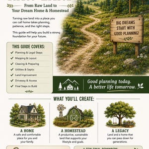 May include: An informational guide titled Developing Raw Land featuring a landscape illustration of a dirt path leading to mountains. The document outlines steps for land development, including planning, mapping, and utilities, with illustrations of a home, homestead, and legacy tree.