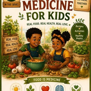 May include: A book cover titled Tasty Medicine for Kids, Book 10 in the Sun People Sanctuary series. It features two children cooking with fresh vegetables, tomatoes, garlic, and herbs. The text includes We Eat, We Grow, We Thrive, Together, Food is Medicine, and Nourish your body, Heal naturally, Grow strong, Think clearly, Love yourself.
