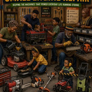 May include: A poster titled Master Small Engine Repair featuring a workshop scene with people repairing machinery like generators, lawnmowers, and chainsaws. The text includes safety guidelines, tool labels, and the phrase Small Engines Do Big Jobs.