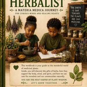 May include: A book titled Young Herbalist: A Materia Medica Journey for Curious Minds and Healing Hearts. The cover features two children interacting with herbs, a mortar and pestle, jars, and a notebook, with text detailing herbal education.