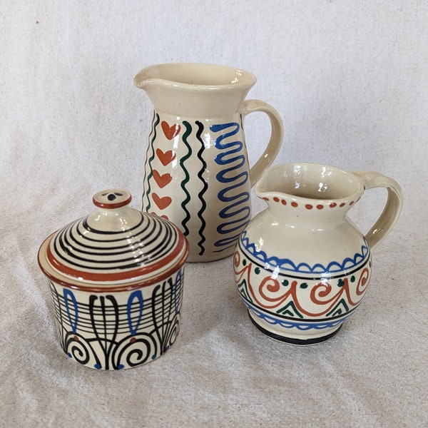 Tea/Mocha Set (Pitcher, Creamer, Sugar Dish) - German? - Handarbeit? - Hand Painted Clay Pottery - 1950's - Cream, Rust, Black, Blue