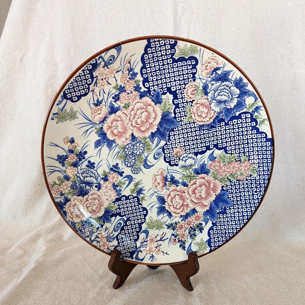 TOYO Porcelain Platter - Japan - Vintage - 12 1/8" in diameter - Blue, White, Pink, Green Floral Motif w/Brown Rim - Beautiful!