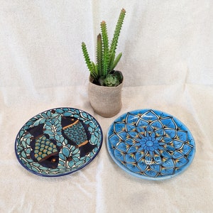 Hand Painted Terra Cotta Salad Plates: Mexican Folk Art Agave & Fish