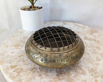 Vintage - Etched Brass Flower Frog - Removeable Lid - Etched Leaves - Accent Floral Cuttings Vase/Vessel - 5" in diameter x 2 1/2" tall