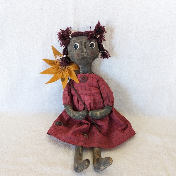 Primitive Folk Art Doll - Dark Skinned - Pearson's Doll - Girl Holding Flower - Button Eye Doll in Dress - Cloth Doll - 20" long x 8 1/2"