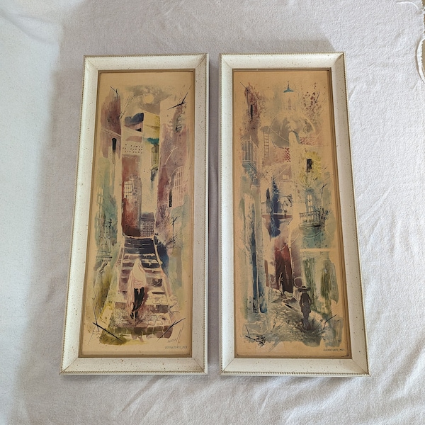 Vintage - Mid Century - Framed Art Prints by Russell - Guanajuato, Mexico - 11 1/4" wide, 27 1/4" tall, 1 1/4" depth - Mexico Street Scenes
