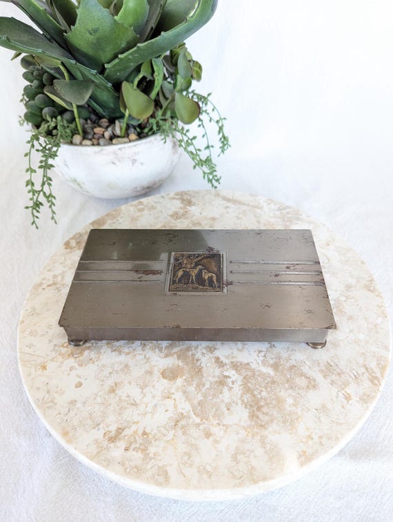 park sherman cigarette holder Park Sherman, Art Deco Cigarette Box w/wood Interior - Copper Metal  Greyhounds under Tree - Silver Metal Case with Feet