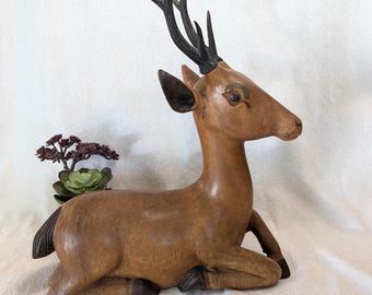 Carved Teak Reclining Wood Deer Sculpture - Nature Lover Decor