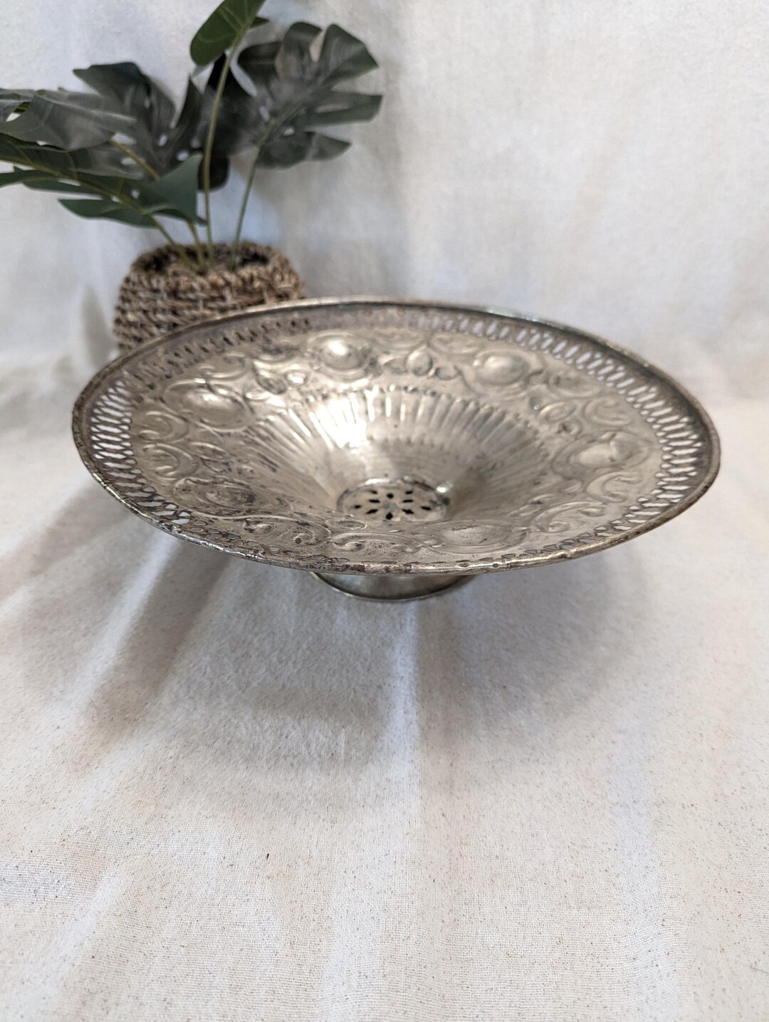 Tin Bowl Decatur Punched Tin Pedestal Bowl: South American Repousse Silver Decor - Etsy