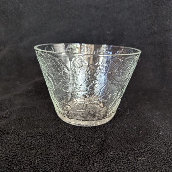 Tiara - Clear Glass Bowl with Embossed Autumn Leaves (Tapered Shape) - Indiana Glass - 4 7/8" tall x 7" in diameter at opening