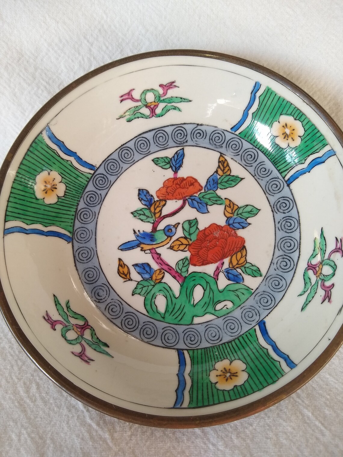 Vintage Chinese Brassencased Porcelain Bowl Bird Flowers Etsy
