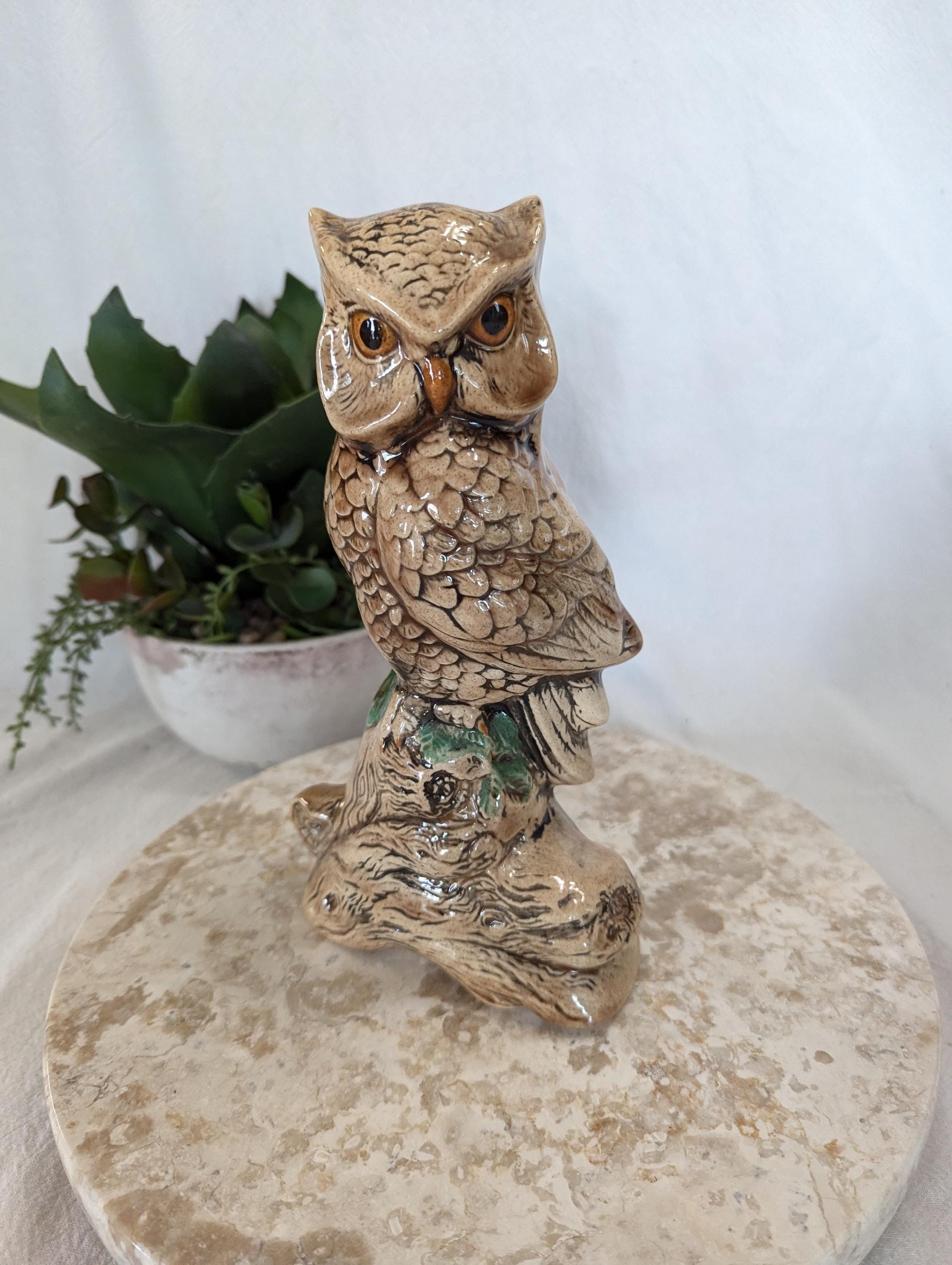 Ceramic Owl Figurine - Horned Owl on Stump with Leaves - Brown, Green, Black, Orange - 5 x 3 x 9 1/2