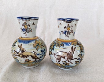 Pair of Early 20th Century Spanish Talavera Pitchers: Rabbit & Floral Earthenware Cruets