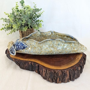 May include: An elongated ceramic planter with a speckled tan and blue glaze, featuring a wavy rim and a sculpted blue leaf accent on one end. The vessel has a textured, organic shape and a glossy finish, showcasing a blend of earthy tones.