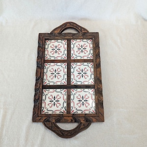 Mid Century Mexican Tile Serving Tray: Hand Carved Wood Edges