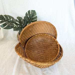 May include: Three woven bamboo baskets of varying sizes, nested together. The baskets are a warm brown color and have a textured, open weave design. Green leafy plant stems are visible in the background.