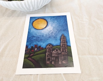 Mission Church Moonlight Print: Signed F. Valle South American Art (15" x 11")