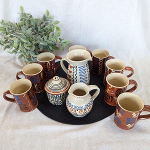 Hand Painted Clay Tea Set: Vintage Folk Art Pottery, 12 Piece