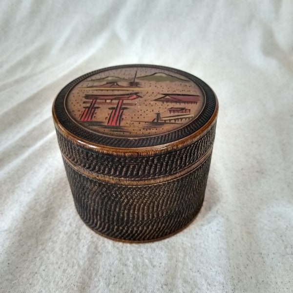 Japanese Teakwood - Round Box with 10 Coasters - Hand Carved Details and Hand Painted Pictures of Pagodas - 3" x 3 3/4"