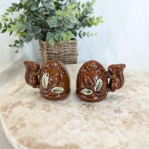 May include: A pair of brown ceramic salt and pepper shakers. Each shaker is shaped like a barrel with a squirrel on the side and the word "Colorado" on the front. The shakers have a glossy finish and are decorated with leaf and acorn details.