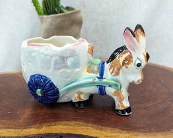 1950's Donkey Pulling Cart Planter - Brown and White Donkey with Black Highlights - Cute and Kitschy - 2 3/4" wide, 6 1/4" long, 3 1/2" tall