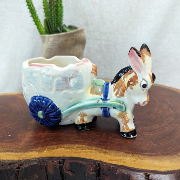 1950's Donkey Pulling Cart Planter - Brown and White Donkey with Black Highlights - Cute and Kitschy - 2 3/4" wide, 6 1/4" long, 3 1/2" tall