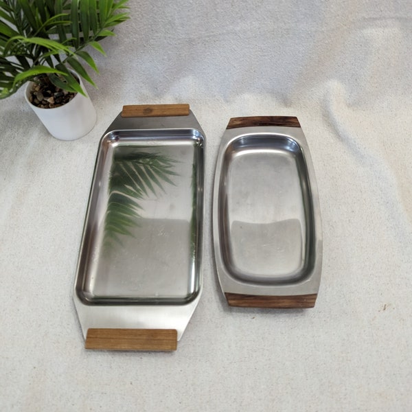 Set of 2 - Edelstahl Rostfrei Serving Trays - Made in Germany - Teak Handles - Stainless Steel - 13" long X 5 3/4" and 10" x 5" - Retro Cool