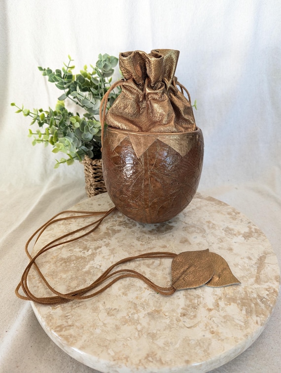 Artisan/Bohemian, Calabash Gourd Purse, Carved Exterior, Gold Leather Top with Drawstring Closure