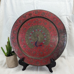 Peacock Tray/Platter in Brass and Enamel with Hanging Hook - Red and Blue Enamel over Etched Brass - Vintage - 15 1/4" in diameter - Boho
