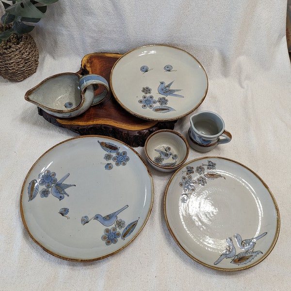 El Palomar - Pottery Grouping - Sold Individually - Blue Birds - 3 Plates - Gravy Boat - Sugar Bowl - Creamer - Pottery with Bugs & Birds