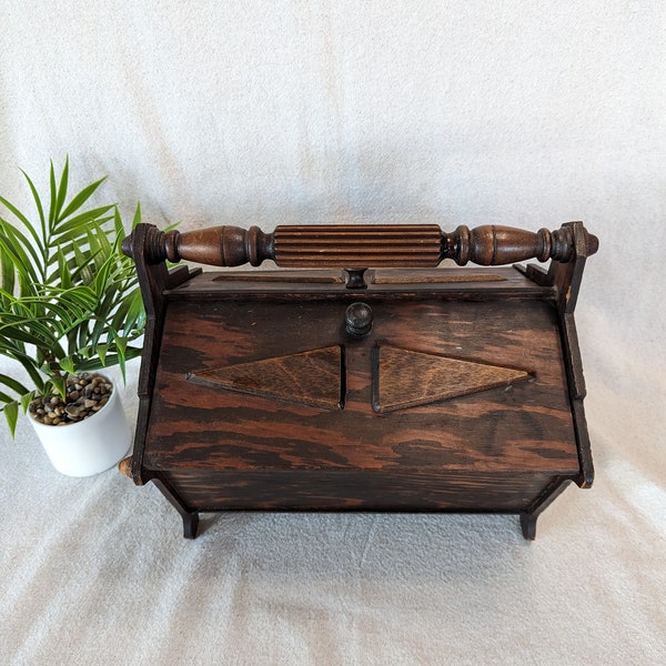 Old Sewing Box - With Turned Handle - Two Doors Open for Easier Access - Tiger Oak? - Gorgeous Wood Sewing Box - 1940's - 9" x 12" x 10"