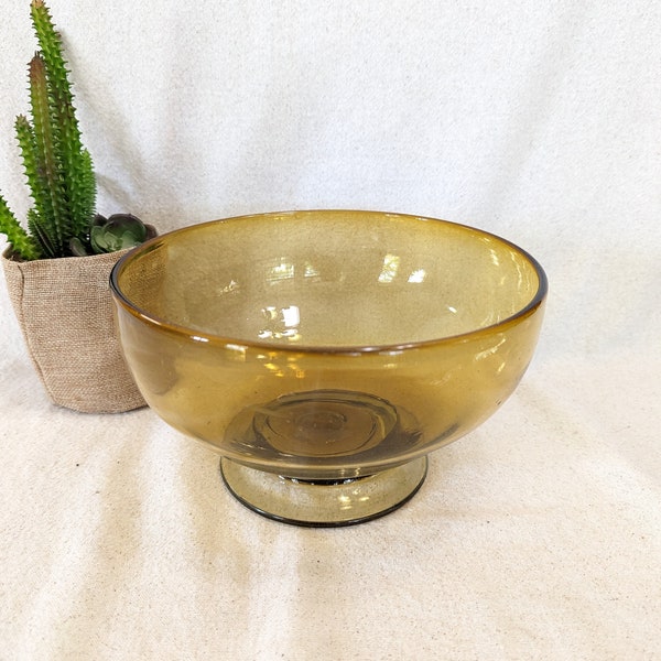 Footed Blown Glass Bowl - Golden Yellow with Small Air Bubbles - Footed Part is Paler Green/Blue - 8" in diameter, 4 1/2" tall - Beautiful!