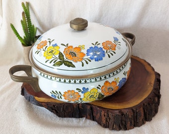 Newcor Regency Brass Handle and Lid, Floral Enameled Dutch Oven w/Steam Slot - 15" wide w/handles, 11" diameter body - 7" tall - Vintage