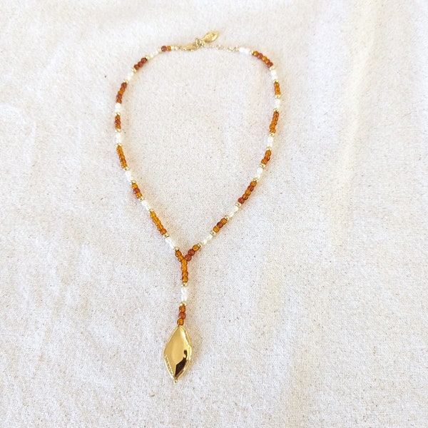 Vintage 1990's - Givenchy Necklace - Gold-Plated Teardrop with Givenchy, Freshwater Pearls, Faux Amber, Gold-Plated Beads - 10 1/2" long