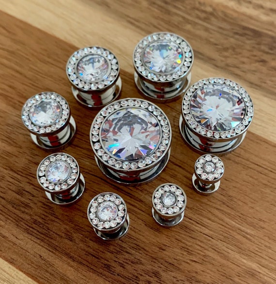 Pair Steel Large CZ Gem Rim Screw Fit Ear Plugs Tunnels Earrings Gauges Pair Steel Large CZ Gem Rim Screw Fit Ear Plugs Tunnels Earrings Gauges