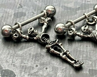 PAIR of Unique Dangling Skeleton Design Steel Nipple Barbells/Shields/Rings - Barbell 14g, 16mm (5/8"), Wearable length 14mm (916")!