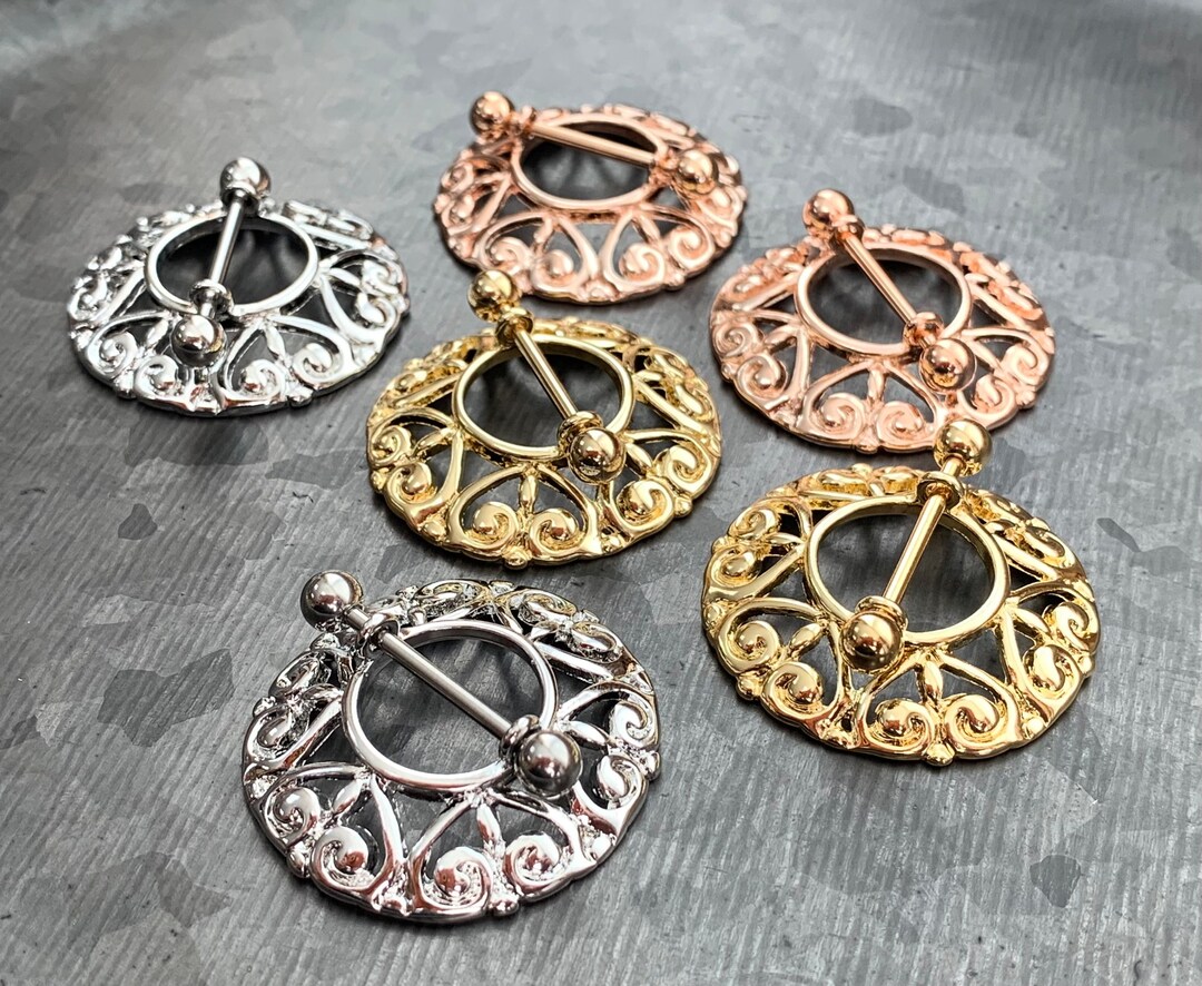 PAIR of Stunning Heart Filgree Steel Nipple Barbells/Shields/Rings - 14g, 12mm wearable length in Silver, Gold & Rose Gold!
