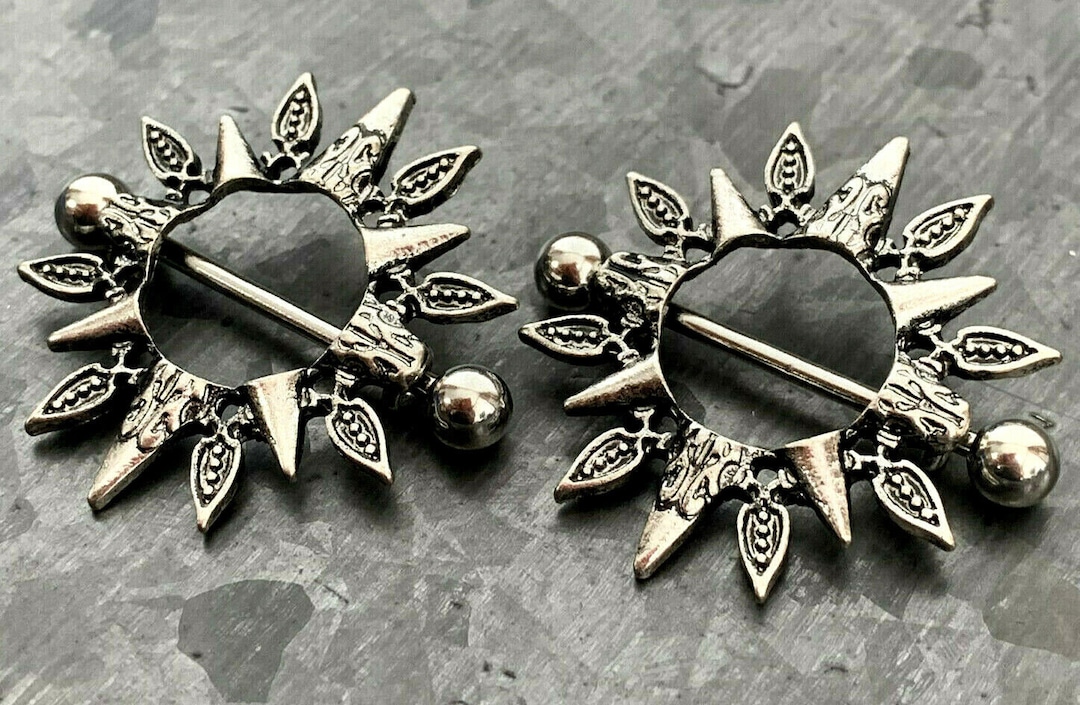 PAIR of Unique Tribal Sunburst Design Steel Nipple Barbell Shields - Barbell  14g, 24mm (1&quot;) - Wearable Length: 14mm (9/16&quot;)!