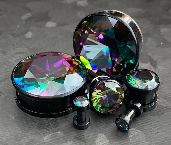 PAIR of Unique Large Vitrail Medium Gem Black Screw Fit Tunnels/Plugs - Gauges 8g (3.2mm) thru 1&quot; (25mm) available!