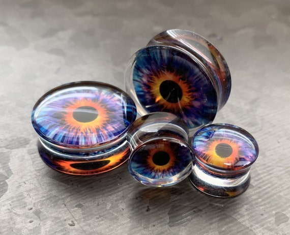 PAIR of Unique Psychedelic Purple Eye Encased Acrylic Saddle Plugs - Gauges 0g (8mm) thru 1&quot; (25mm) available!