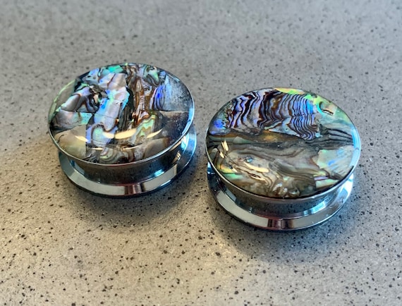 PAIR of Unique Abalone Inlay Steel Screw Fit Plugs - Gauges 8g (3.2mm) thru 1&quot; (25mm) available!