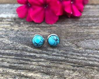 Sterling 8 mm Micro Inlay turquoise stud earrings Hypo-Allergenic 